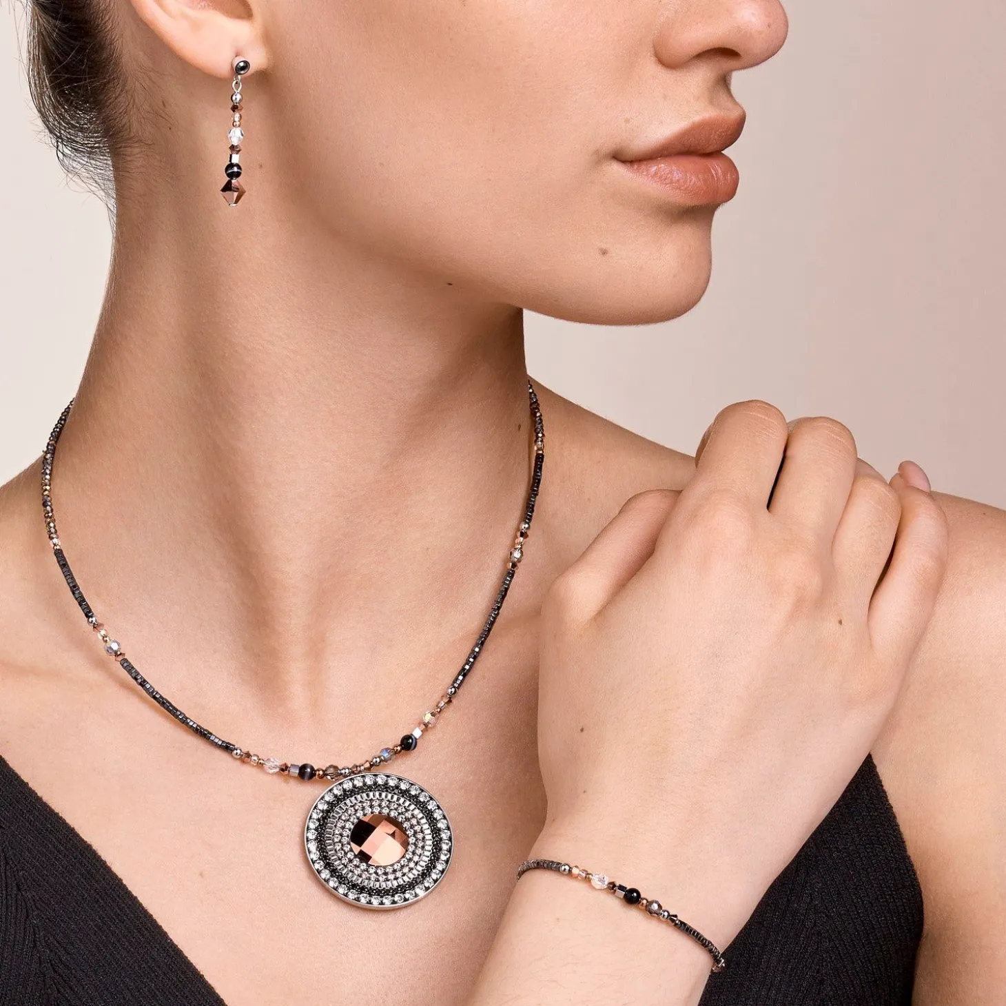 COEUR DE LION Edelsteinarmbänder-Armband Amulett Kleine Kristalle & Gestreifter Onyx Grau-Kristall
