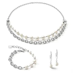 COEUR DE LION Hochzeit-Armband Süßwasserperlen & dicke Kette 4-in-1 Weiß-Silber