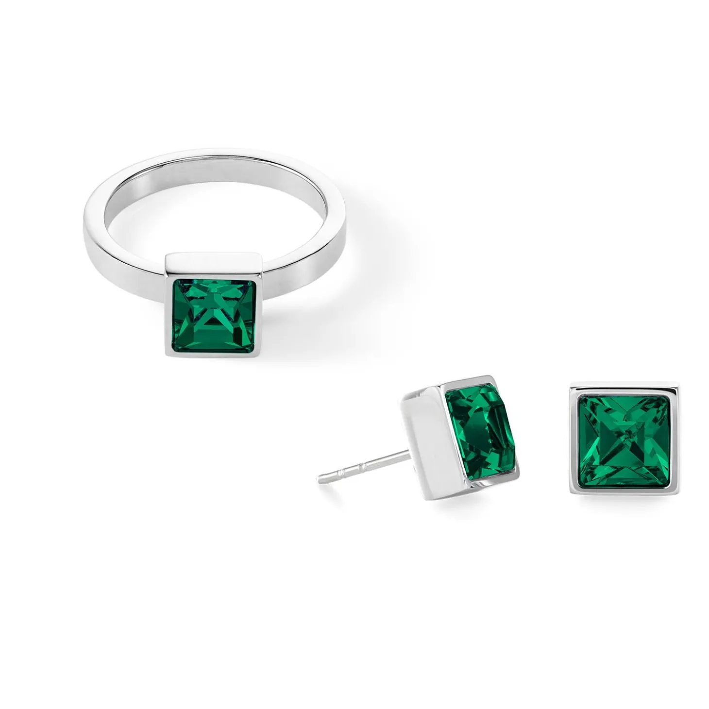COEUR DE LION Coeur Essentials-Brillanter quadratischer großer Ring Silber Dunkelgrün
