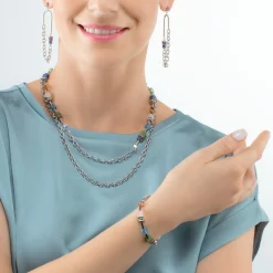 COEUR DE LION Geocube® Echtstein-Geocube® Iconic Boho Halskette Silber-Mehrfarbig