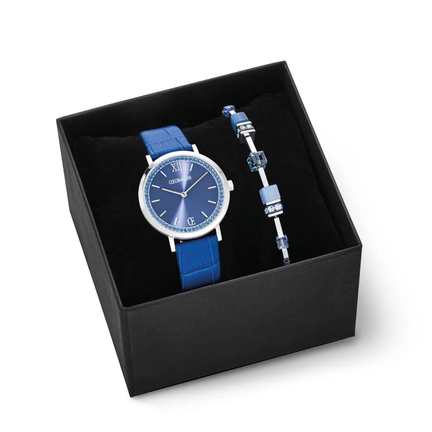 COEUR DE LION Uhren-Geschenkset: Uhr Round Sparkling Sunray Royal Blue & Geocube® Iconic Lite Armband Blau