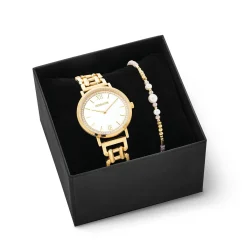 COEUR DE LION Uhren-Geschenkset: Uhr rund, funkelndes Perlmutt und Armband Tropfen Gold