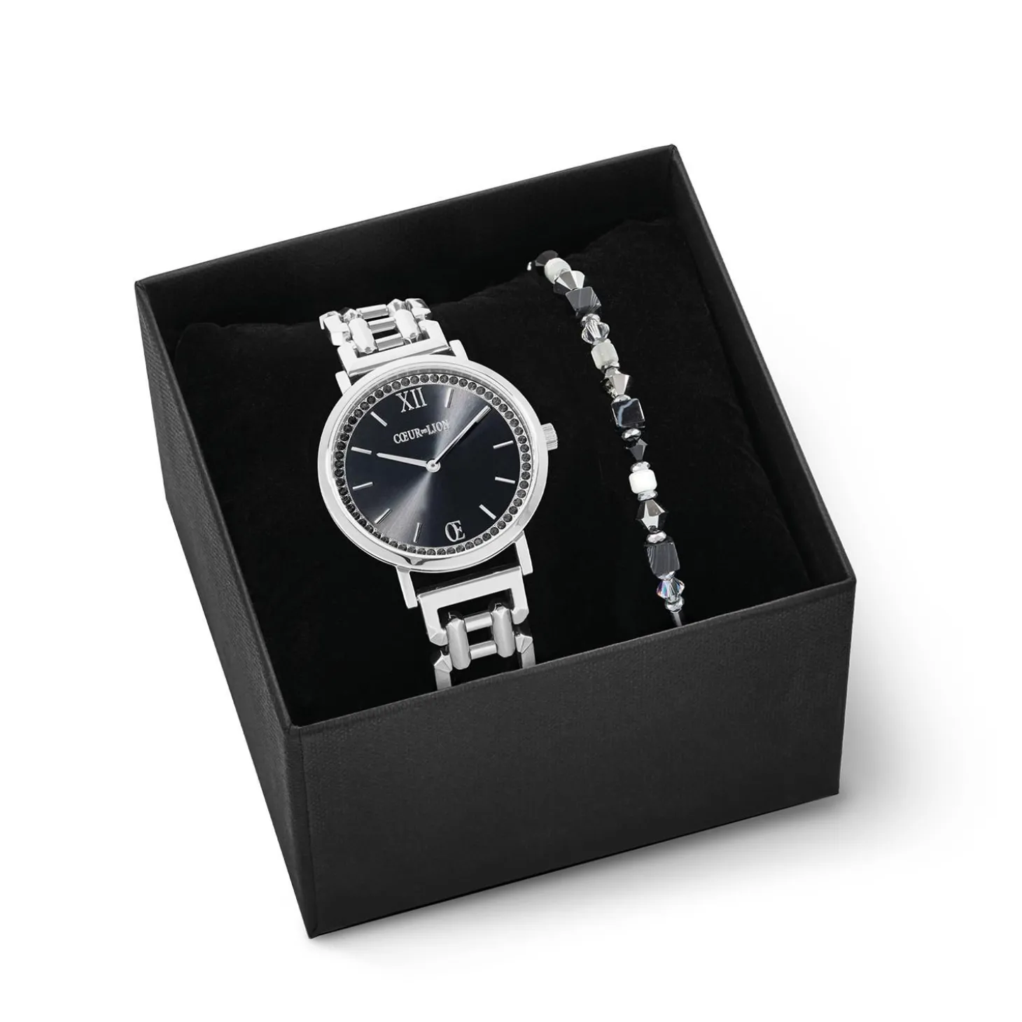 COEUR DE LION Uhren-Geschenkset: Uhr rund, funkelnd, geheimnisvoll, schwarz-silbern und Prinzessinnen-Form-Mix-Armband, schwarz-weiß