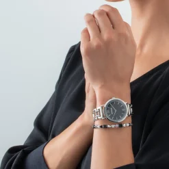 COEUR DE LION Uhren-Geschenkset: Uhr rund, funkelnd, geheimnisvoll, schwarz-silbern und Prinzessinnen-Form-Mix-Armband, schwarz-weiß