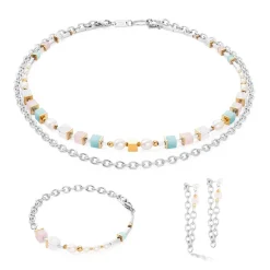 COEUR DE LION Edelsteinketten-Halskette Coole romantische Würfel & Perlen Bicolor