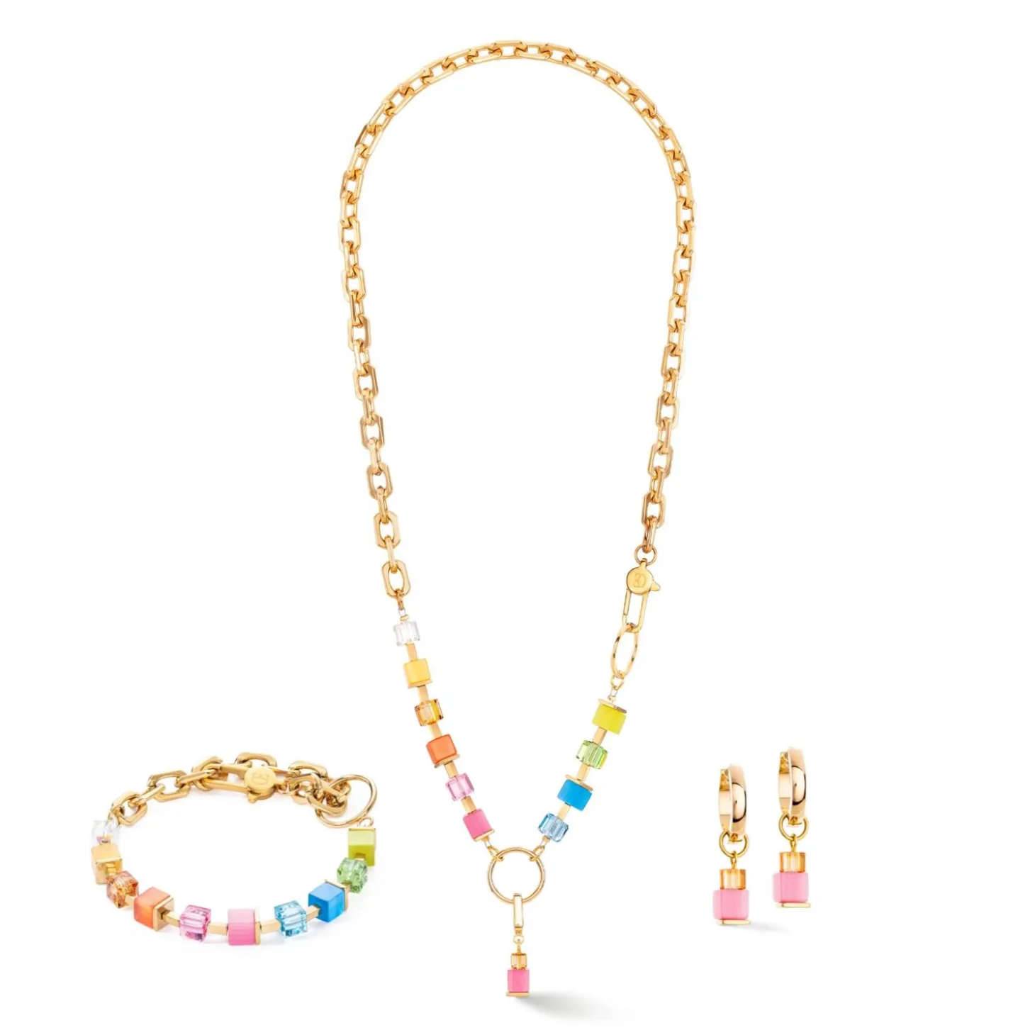 COEUR DE LION Lange Halsketten-Halskette Cube Fusion Charm Gold-Regenbogen