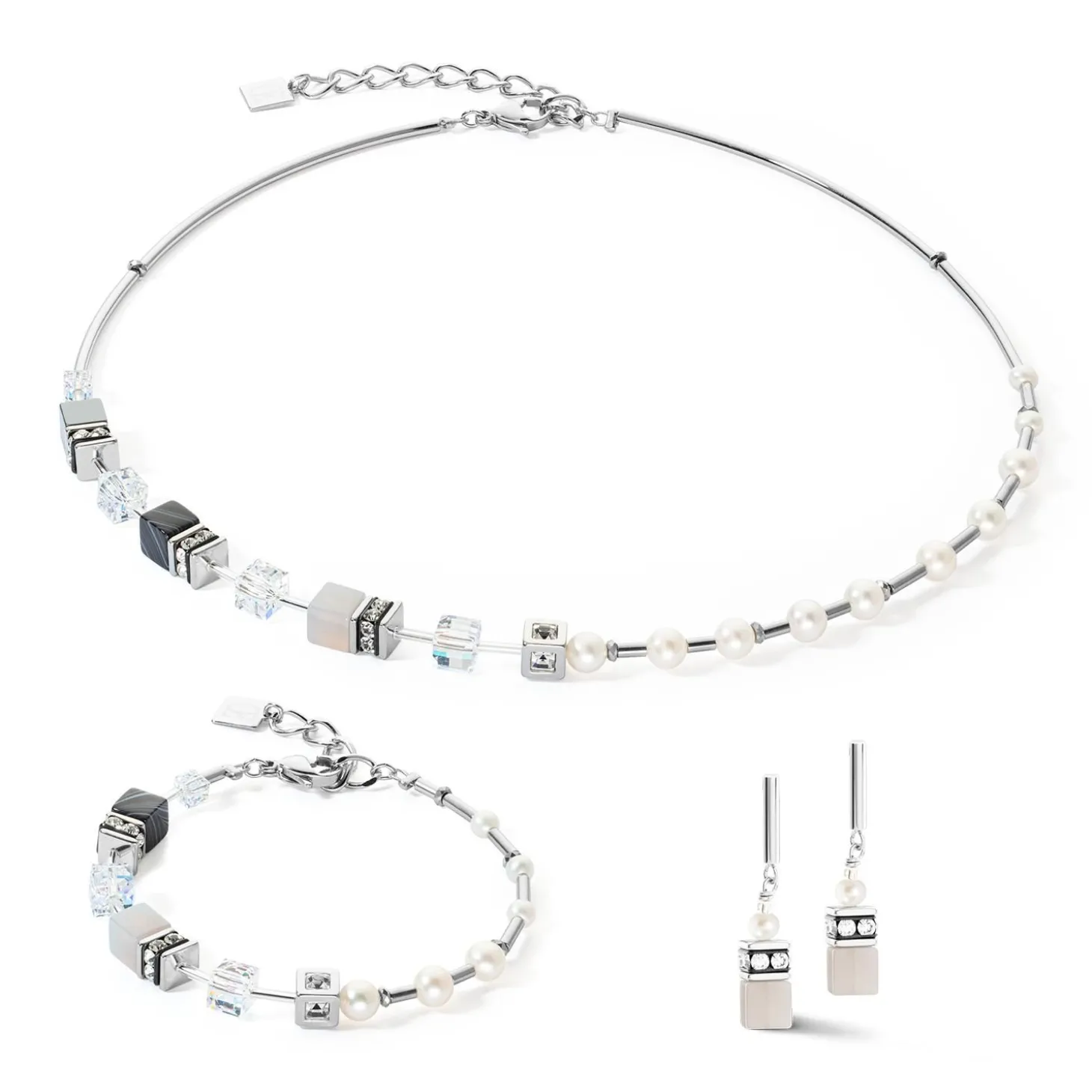 COEUR DE LION Perlenketten-Halskette Geocube® Fusion Precious Pearl Mix Silbergrau