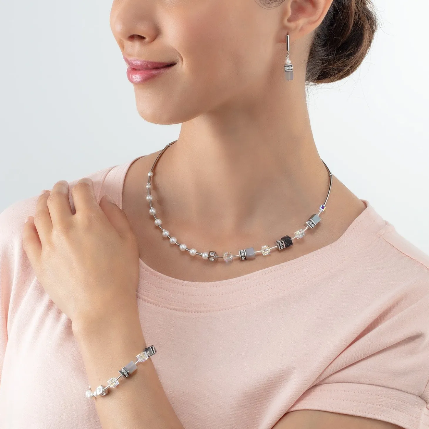 COEUR DE LION Perlenketten-Halskette Geocube® Fusion Precious Pearl Mix Silbergrau
