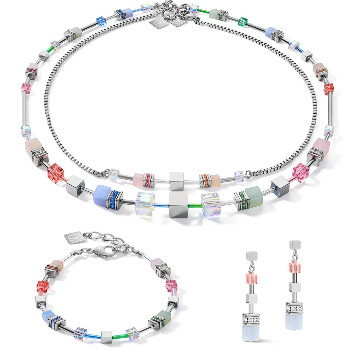 COEUR DE LION Multiwear-Halsketten-Halskette Geocube® Multitask 4-In-1 Summer Multi Pastell-Silber