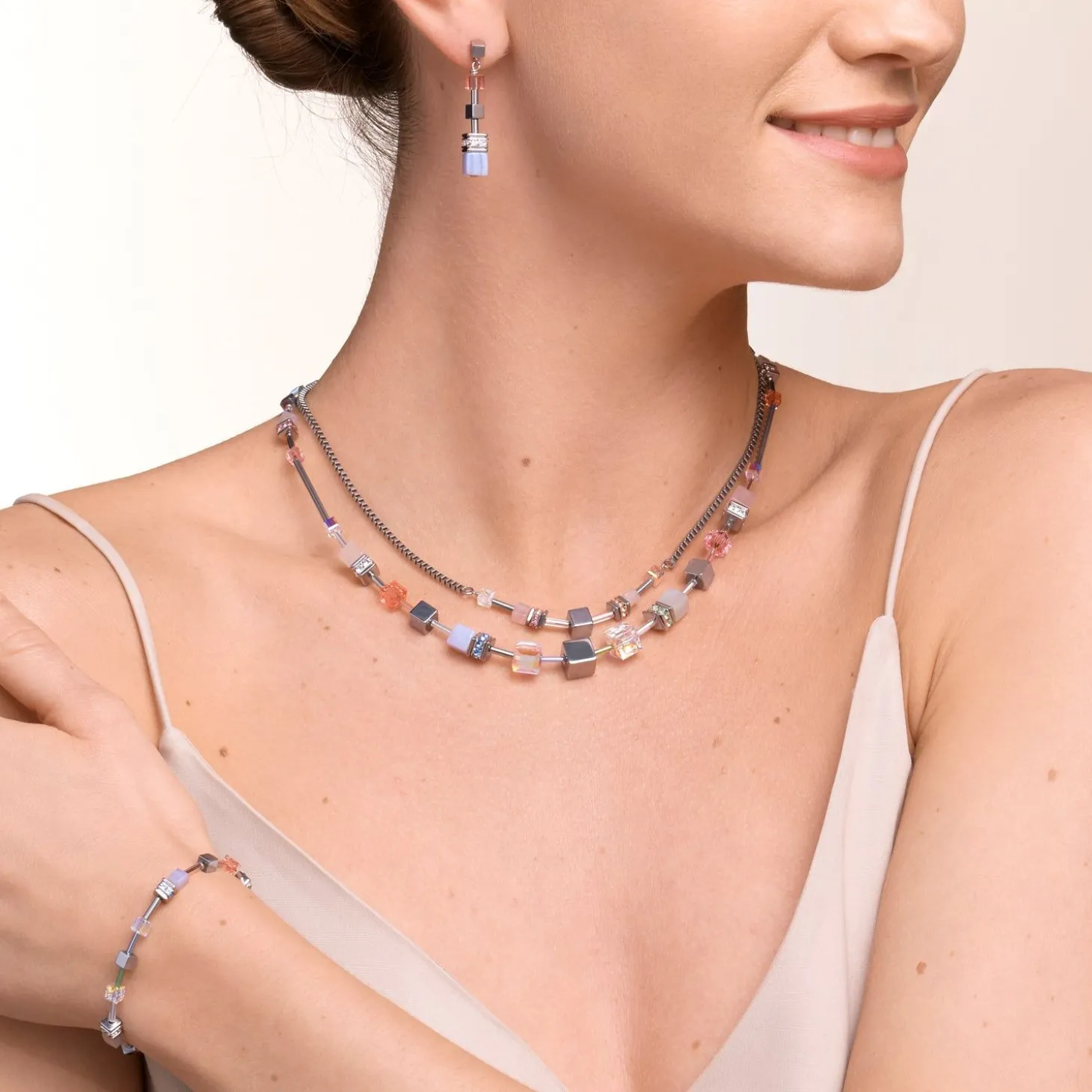 COEUR DE LION Multiwear-Halsketten-Halskette Geocube® Multitask 4-In-1 Summer Multi Pastell-Silber