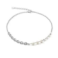 COEUR DE LION Hochzeit-Halskette klassische & moderne Süßwasserperlen & Edelstahlkette Weiß-Silber