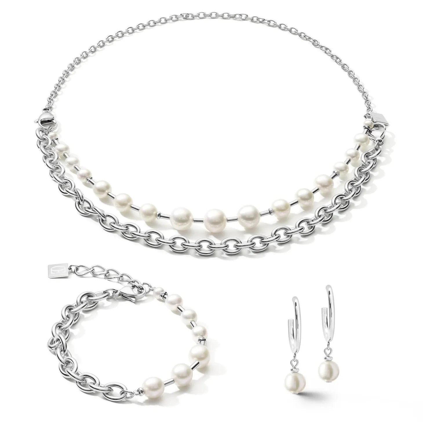 COEUR DE LION Multiwear-Halsketten-Halskette mit Süßwasserperlen und klobiger Kette, 4-in-1, Weiß-Silber
