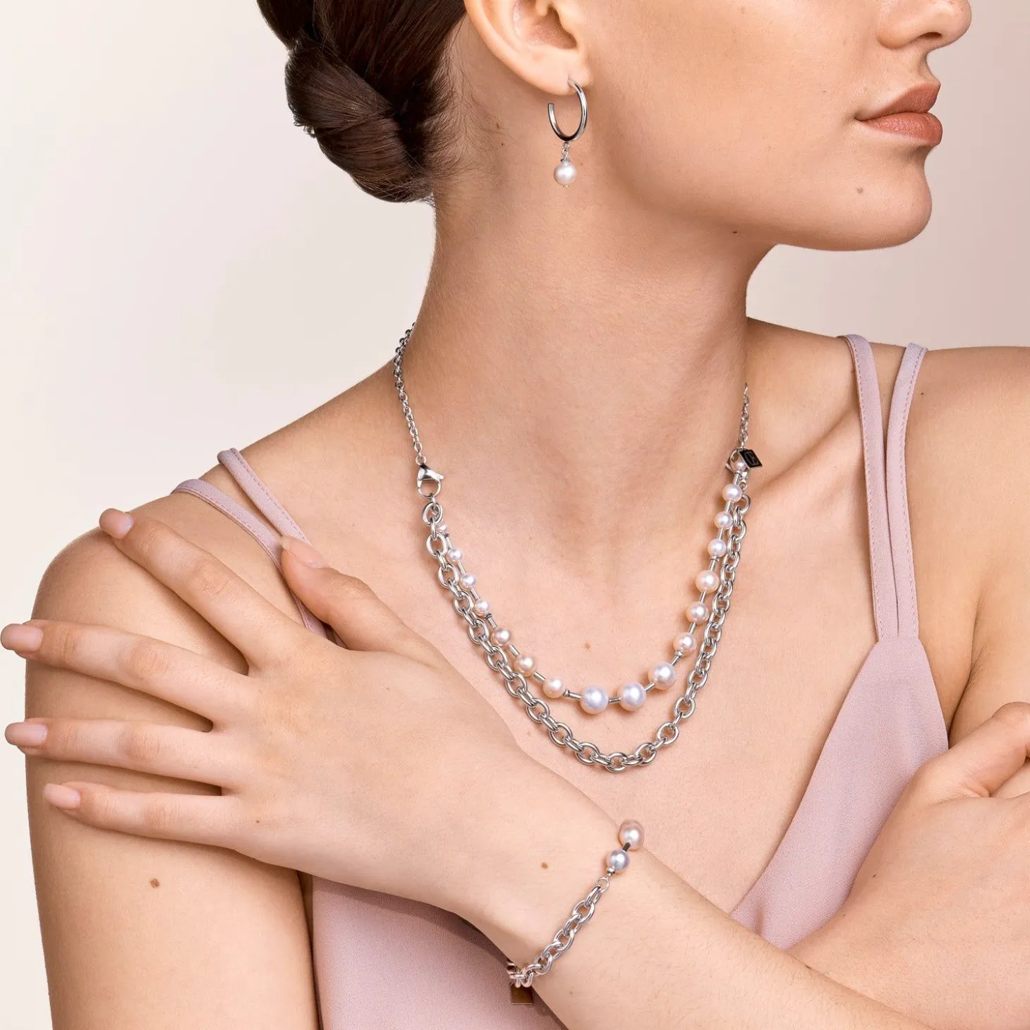 COEUR DE LION Multiwear-Halsketten-Halskette mit Süßwasserperlen und klobiger Kette, 4-in-1, Weiß-Silber