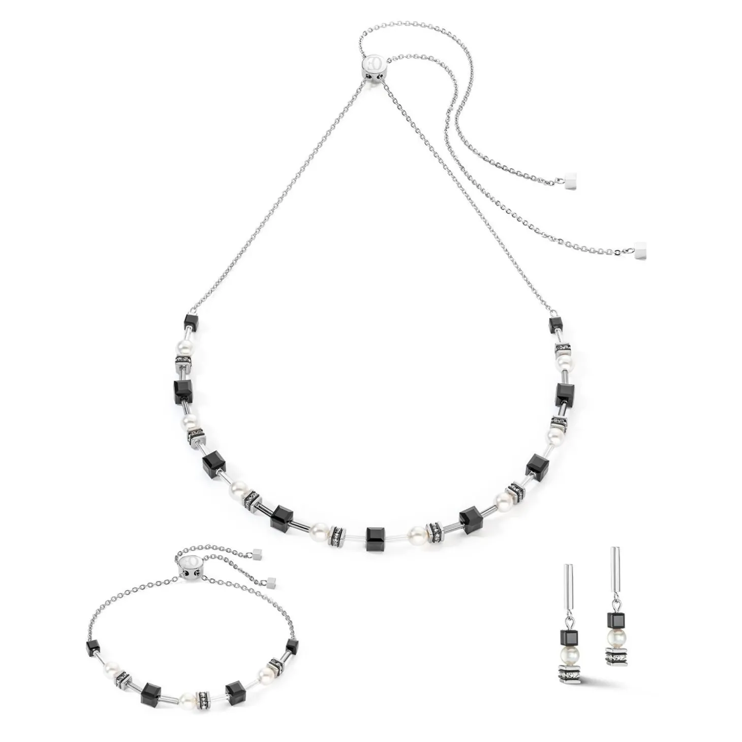 COEUR DE LION Perlenketten-Halskette Mysterious Cubes & Pearls Silber-Schwarz