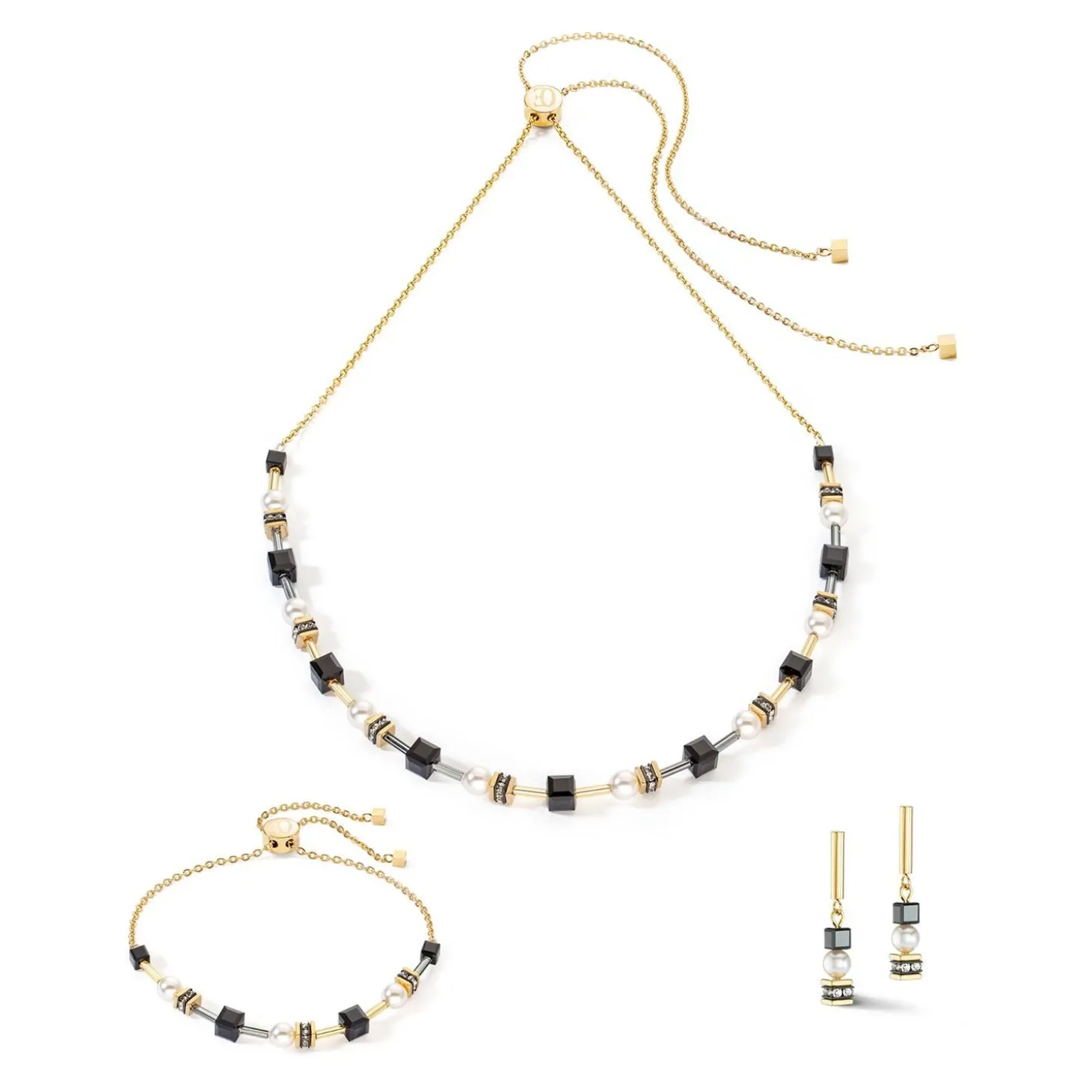 COEUR DE LION Geocube® Halsketten-Halskette Mysterious Cubes & Pearls Gold-Schwarz