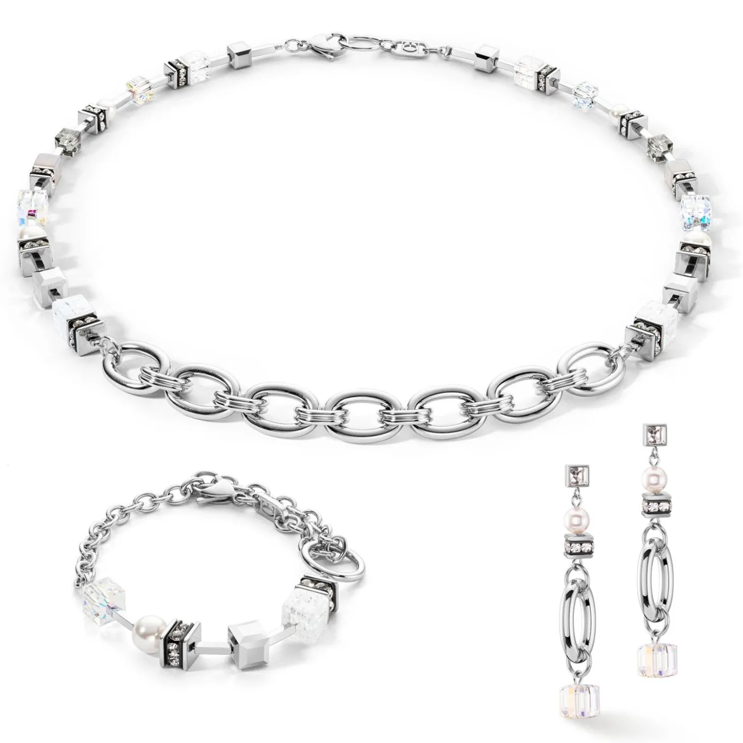 COEUR DE LION Ohrhänger-Ohrringe Chunky Chain & Cubes Runway Exlusive Silber
