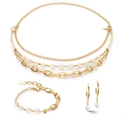 COEUR DE LION Perlenohrringe-Ohrringe Creolen mit Süßwasserperlen und klobiger Kette Navette Multiwear Weißgold