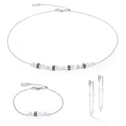 COEUR DE LION Ohrstecker-Ohrringe Mini Cubes & Kette Silber-Weiß