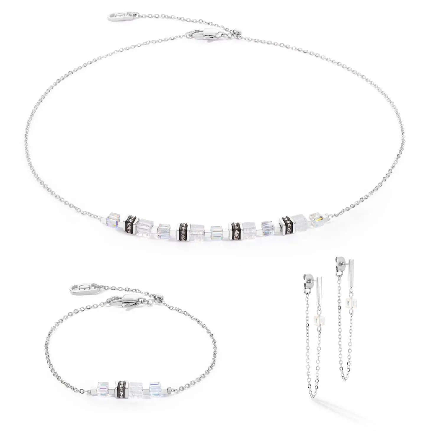 COEUR DE LION Ohrstecker-Ohrringe Mini Cubes & Kette Silber-Weiß