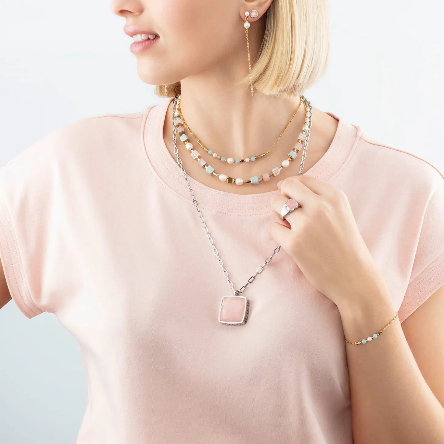 COEUR DE LION Edelsteinohrringe-Ohrringe Spikes Quadratischer Rosenquarz Silber-Rosa